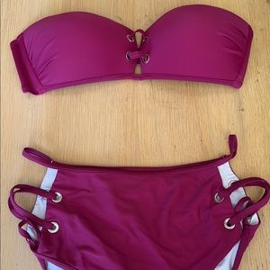 Two piece strapless top and high rise bottoms